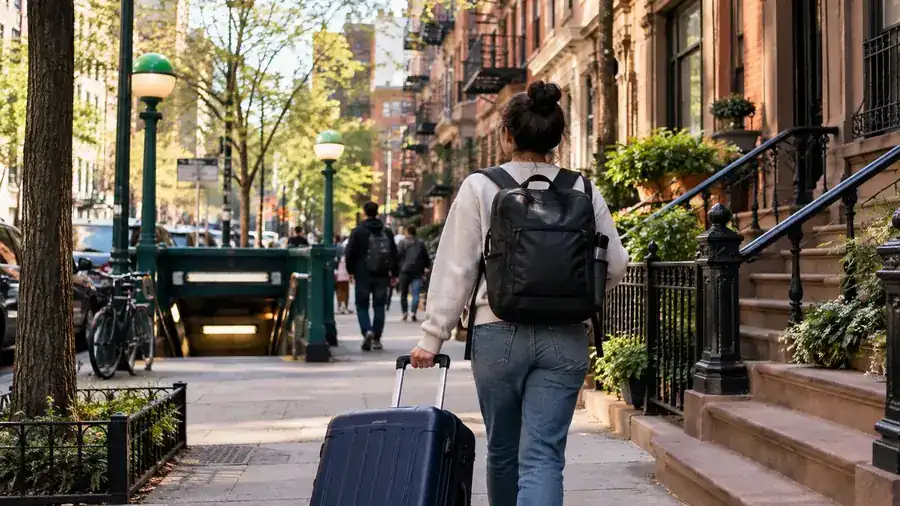 Newcomer on a brownstone street with a suitcase
