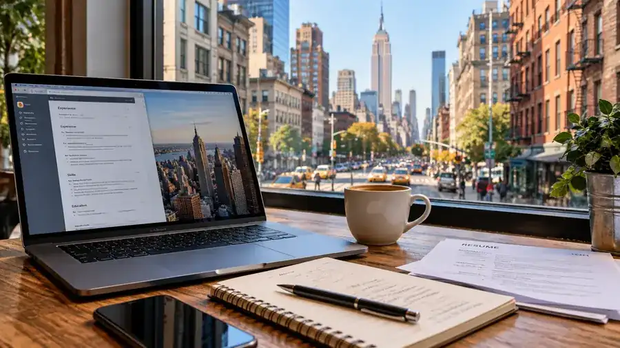 Laptop and coffee overlooking a Manhattan street