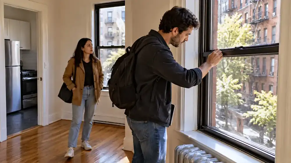 Renter inspecting a New York apartment window