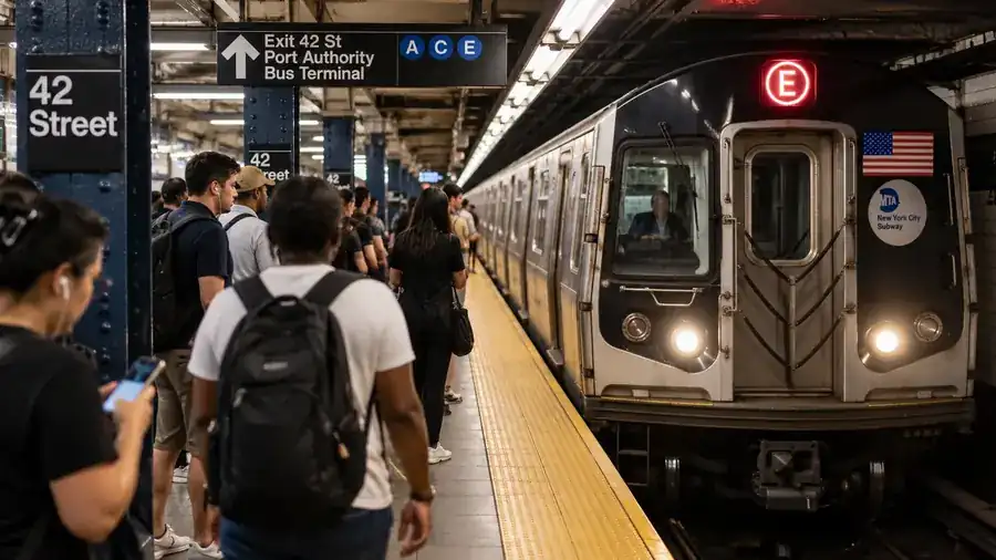 New York subway platform with commuters