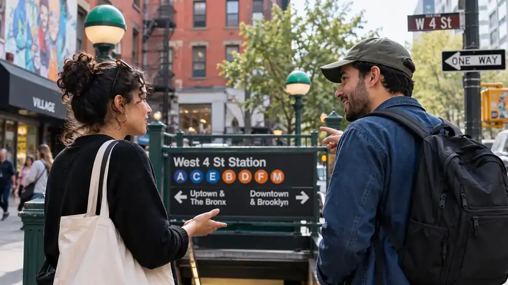 New Yorkers speaking on a city sidewalk