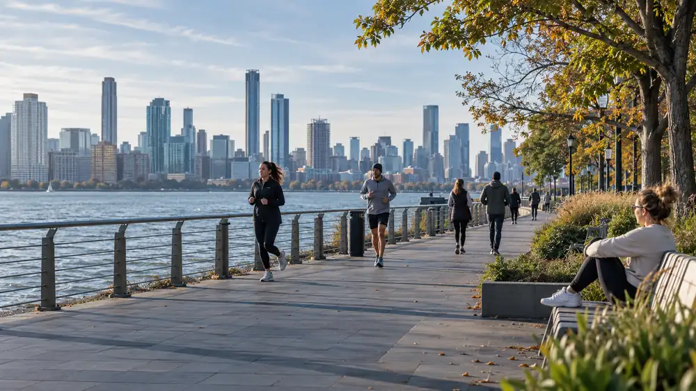 People walking on a New York waterfront promenade
